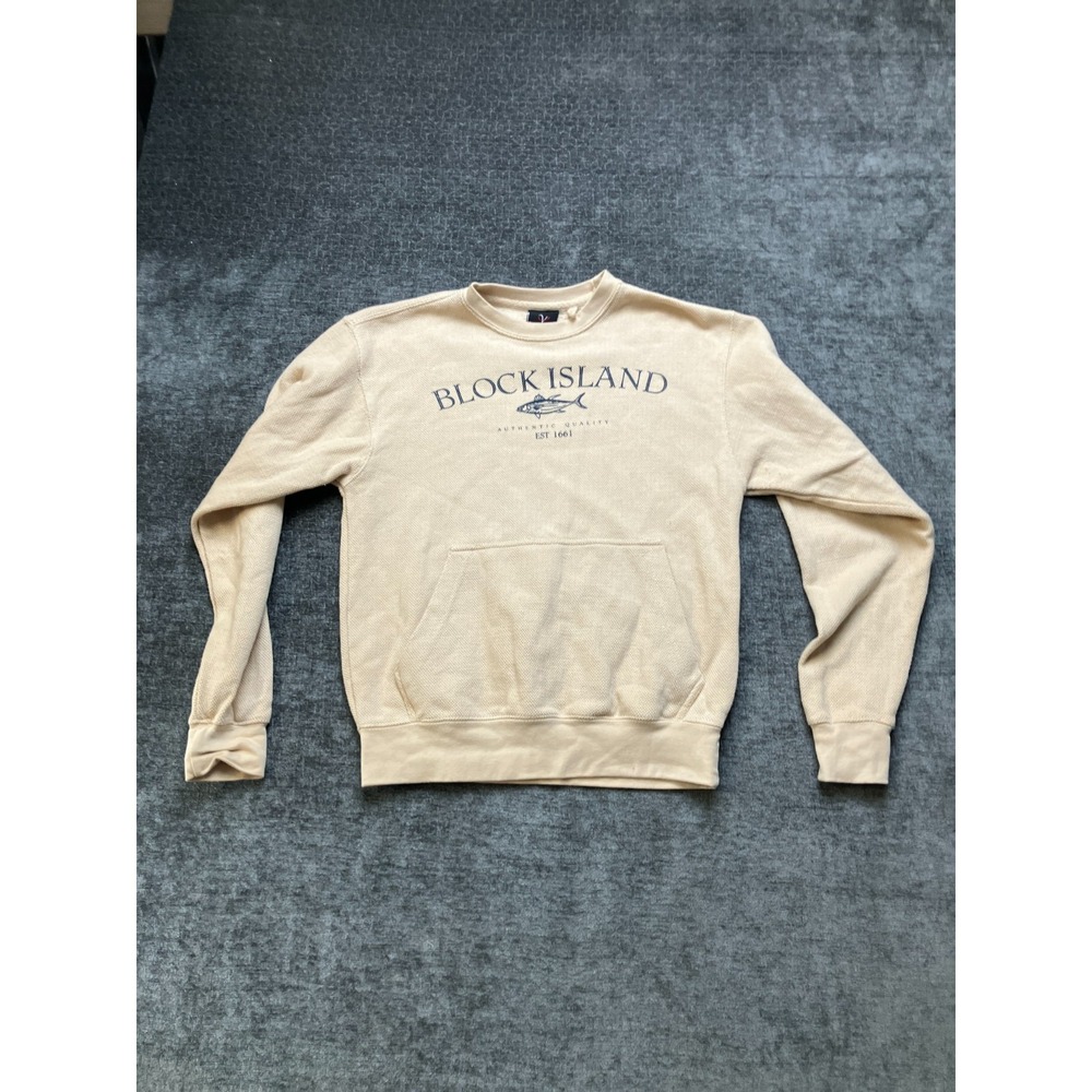 Valani Block Island Sweatshirt Mens Small Beige Graphic Knit Cotton Crew Neck